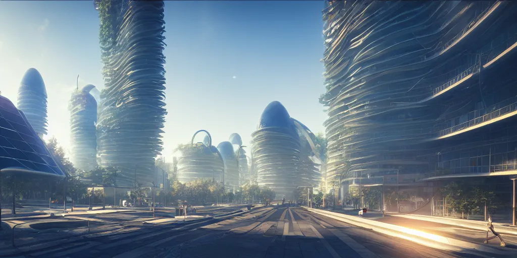 Image similar to street view of utopian solarpunk city, futuristic architecture, hyperrealism, octopath traveler, octane render, misty, highly rendered, global illumination, radiant light, golden hour, cinematic, by vincent callebaut and zaha hadid and zack snyder, 8 k