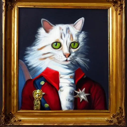 Image similar to a oil painting of a cat dressed as Napoleon