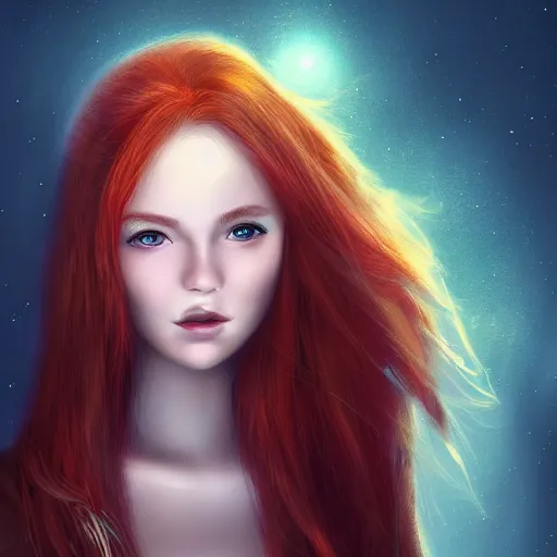 Prompt: sharp, intricate fine details, breathtaking, digital art portrait of a red haired girl with green eyes in a dreamy, mesmerizing scenery with fireflies