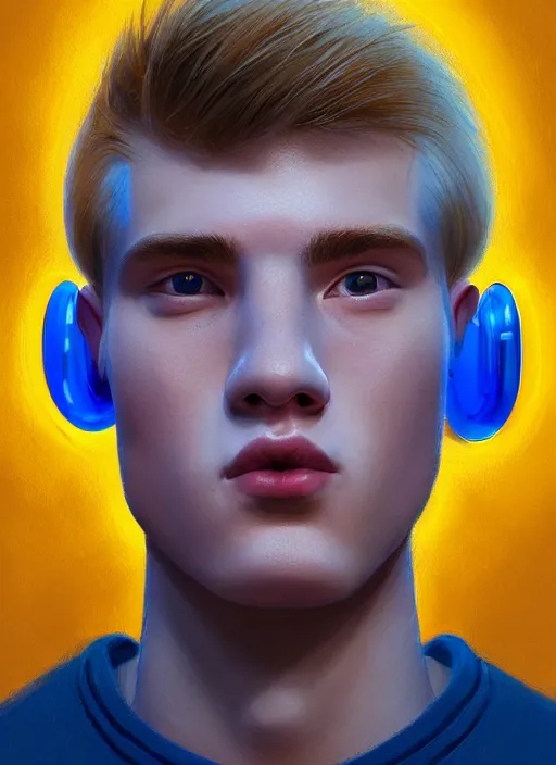 Image similar to portrait of high school senior boy named big moose, blonde short hair, jock, beefy, wide face, square jaw, square facial structure, blue varsity jacket with letter r, intricate, elegant, glowing lights, highly detailed, digital painting, artstation, concept art, sharp focus, illustration, art by wlop, mars ravelo and greg rutkowski