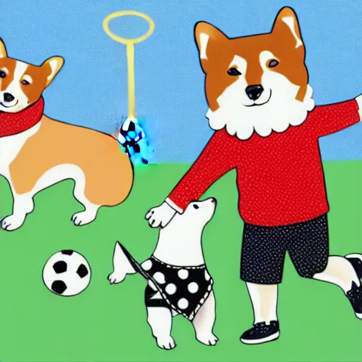 Image similar to illustration of french boy in paris playing football against a corgi who is wearing a polka dot scarf