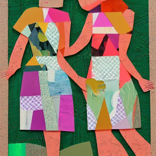 Image similar to paper collage art made of cut up magazines depicting two women holding hands in a forest during summer