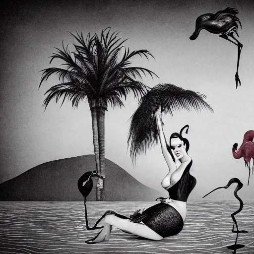 Image similar to A surreal comic noir illustration containing Dita Von Teese and Flamingos on a desert beach oasis by Salvador Dali, dark vibes, high contrast, pastel lighting, cinematic, depth of field, 8k