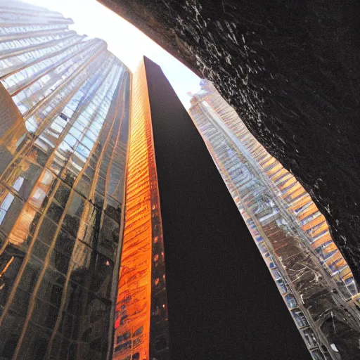 Prompt: photo inside a cave of a skyscraper and a giant orange glowing transparent shadow humanoid of one thousand feet of height