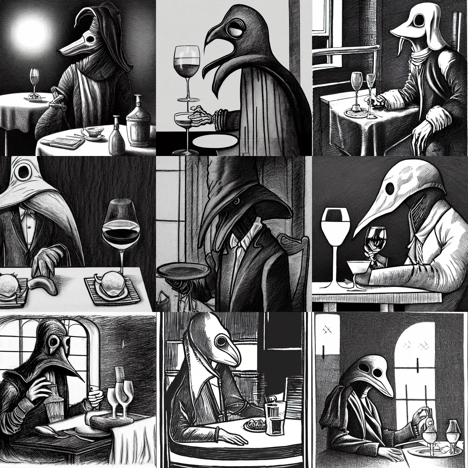 Prompt: detailed pencil illustration of a plague doctor sitting in a restaurant with a glass of wine