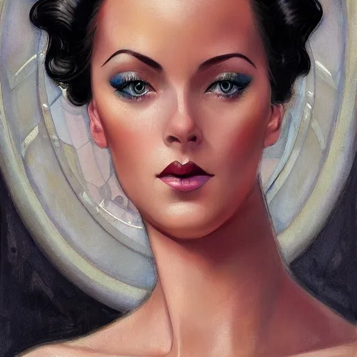 Image similar to a streamline moderne, art nouveau, multi - ethnic and multi - racial portrait in the style of charlie bowater, and in the style of donato giancola, and in the style of charles dulac. clear, expressive, very large eyes. symmetry, ultrasharp focus, dramatic lighting, photorealistic digital painting, intricate, elegant, highly detailed, centered background.