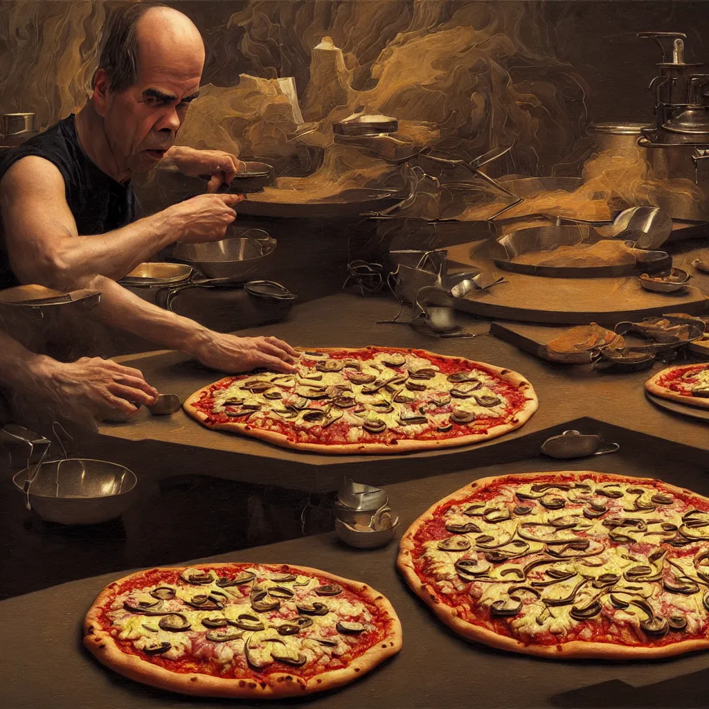 Image similar to hyper detailed 3d render like a Oil painting - nick cave baking pizza by Jacek Yerka, Mariusz Lewandowski, Houdini algorithmic generative render, Abstract brush strokes, Masterpiece, Edward Hopper and James Gilleard, Zdzislaw Beksinski, Mark Ryden, Wolfgang Lettl, hints of Yayoi Kasuma, octane render, 8k