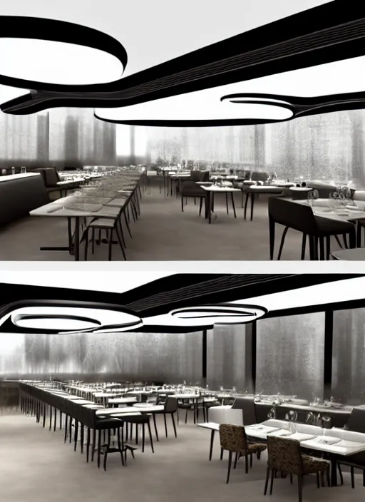 Prompt: interior rendering, fine dinning restrant designed by zahahadid, using modern material like steel + concrete + glass, biophilia