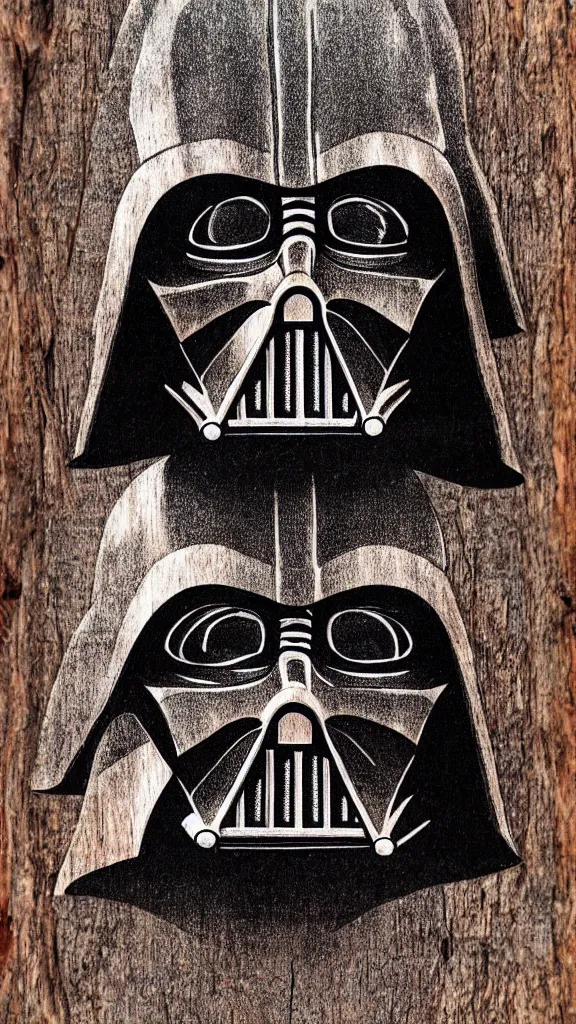 Prompt: a portrait of darth vader burned into a slice of a log. in the style of a wood burned etching. color harmony, 8 k detail, gallery quality, hd wallpaper, premium prints available, hyper - detailed, intricate design.