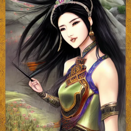 Image similar to ancient asian dynasty princess, three kingdom, dynasty warriors, cute face, standing in an oasis in the desert, comics, beautiful, elegant, headshot, long black hair, digital painting, smooth, concept art, art by hirohiko araki