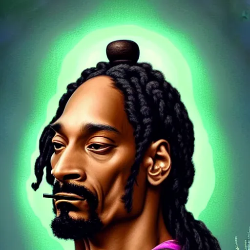 Image similar to intense portrait of the snoop dog meditating in lotus position while smoking a joint, intricate, elegant, highly detailed, my rendition, digital painting, artstation, concept art, smooth, sharp focus, radiant light, illustration, art by artgerm and greg rutkowski and alphonse mucha
