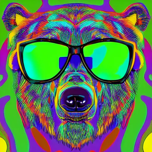 Prompt: Bear in sunglasses.digital art.high quality.high accuracy.psychedelic style.