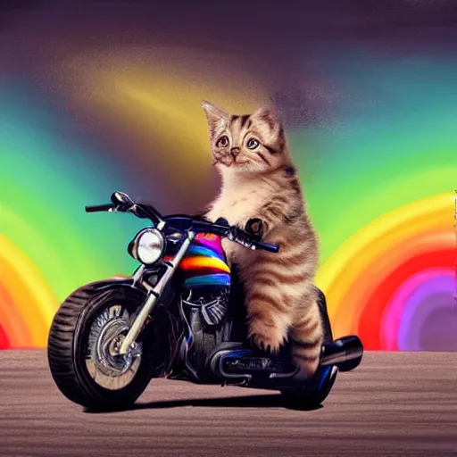 Image similar to wide angle full body, jacket wearing fluffy cute rainbow kitten wearing a black leather motorcycle jacket, riding on a motorcycle, cinematic concept art