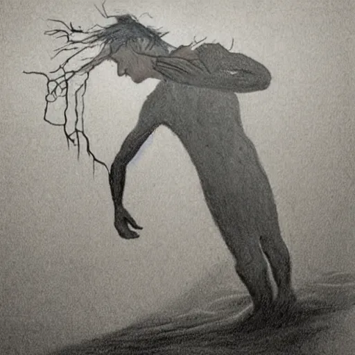 Image similar to The drawing shows a man caught in a storm, buffeted by wind and rain. He clings to a tree for support, but the tree is bent nearly double by the force of the storm. The man's clothing is soaked through and his hair is plastered to his head. His face is contorted with fear and effort. dramatic lighting by Gertrude Abercrombie earthy