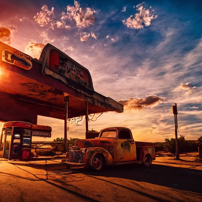 Image similar to a sunset light landscape with historical route 6 6, lots of sparkling details and sun ray ’ s, blinding backlight, smoke, volumetric lighting, colorful, octane, 3 5 mm, abandoned gas station, old rusty pickup - truck, beautiful epic colored reflections, very colorful heavenly, softlight