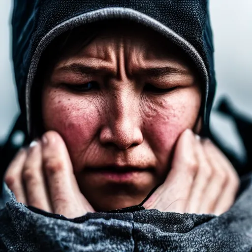 Image similar to photographic portrait of a poor techwear woman holding back tears, closeup, sigma 85mm f/1.4, 4k, depth of field, high resolution, 4k, 8k, hd, full color