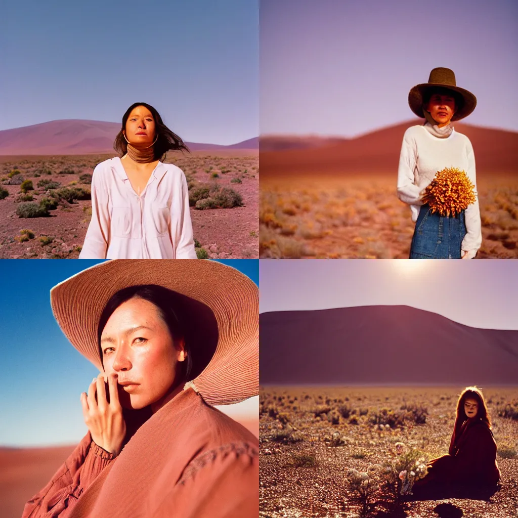 Prompt: A portrait photography of a woman at the Atacama flowering desert. cinematic. kodak portra 800 film. warm light. desert mood. detailed. high quality. lens flare. swirly bokeh.