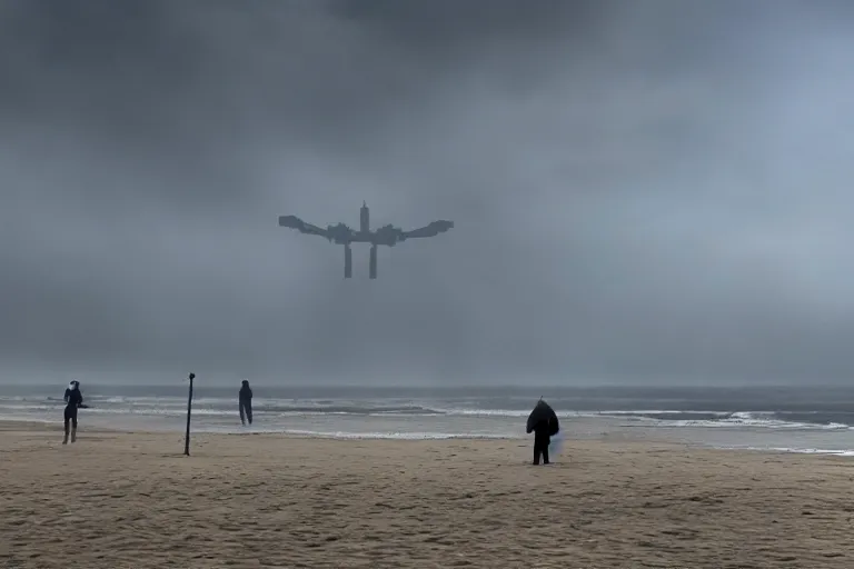 Image similar to cinematography of a giant mech on the beach in Santa Monica by Emmanuel Lubezki