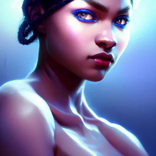 Image similar to a Photorealistic dramatic hyperrealistic bright blue eyes, African American girl, black hair, white veil,by WLOP,Artgerm,Greg Rutkowski,Alphonse Mucha, Beautiful dynamic dramatic dark moody lighting,shadows,cinematic atmosphere,Artstation,concept design art,Octane render,8k