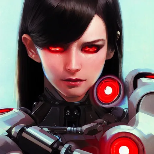 Image similar to A cyborg girl with big and cute red eyes, fine-face, realistic shaded perfect face, fine details. red and black robotic parts. Realistic shaded lighting poster by Ilya Kuvshinov katsuhiro, magali villeneuve, artgerm, Jeremy Lipkin and Michael Garmash, Rob Rey and Kentarõ Miura style, trending on art station