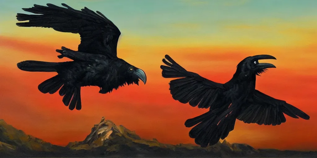 Prompt: oil painting of a black raven atop human skull, raven, skull, piles of bones, red sky, centered, long shot