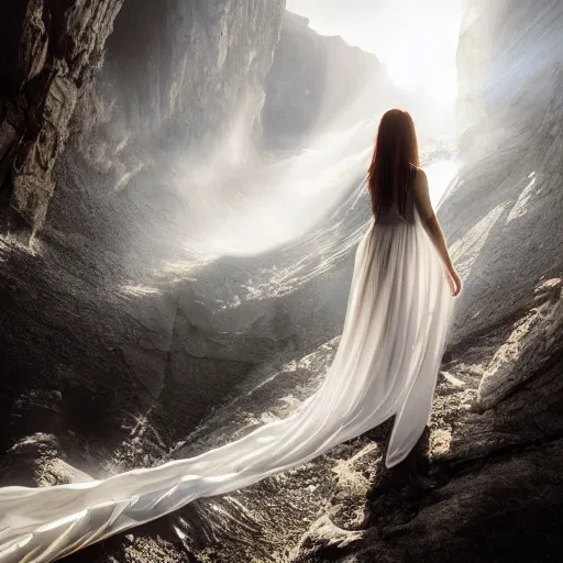 Image similar to photo, a woman in a giant flowing incredibly long dragging illuminated white dress, standing inside a dark western rocky scenic landscape, volumetric lighting