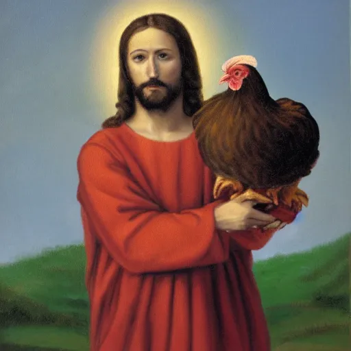 Prompt: jesus christ holding a chicken, portrait,