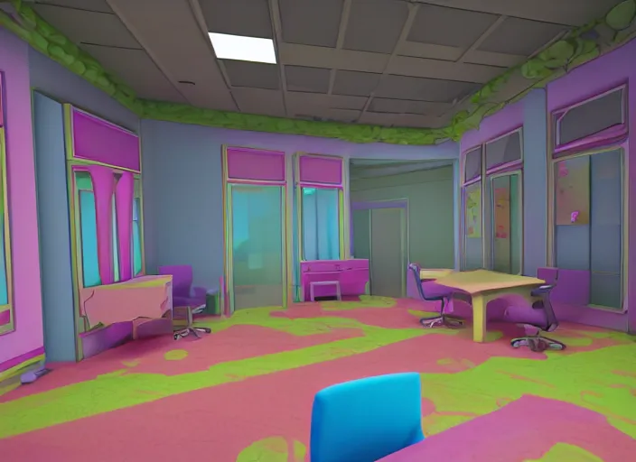 Image similar to steven universe inspired stanley parable office backrooms, creepy but colorful render, intricate detail, castle oblivion, normal workplace office, pastel 8 0 s, uhd