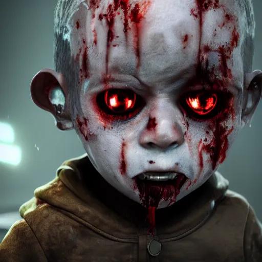 Prompt: angry zombie toddler without eyes portrait, empty bloody - black eyesockets, horror core, apocalyptic, feeling of grimdark, sharp focus, fiction, hyper detailed, digital art, trending in artstation, cinematic lighting, studio quality, smooth render, unreal engine 5 rendered, octane rendered, art style and nixeu and wlop and krenz cushart
