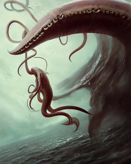 Prompt: a dream fantasy painting of a giant squid attack a diving man, by beksinki, giger, greg rutkowski, carne griffith trending on artstation, deviantart, photorealism