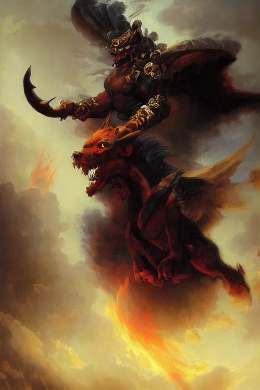 Prompt: oil painting of a pit lord demon, in style of ivan aivazovsky, expressive face, detailed face, detailed eyes, full body, feminine face, tracer overwatch,