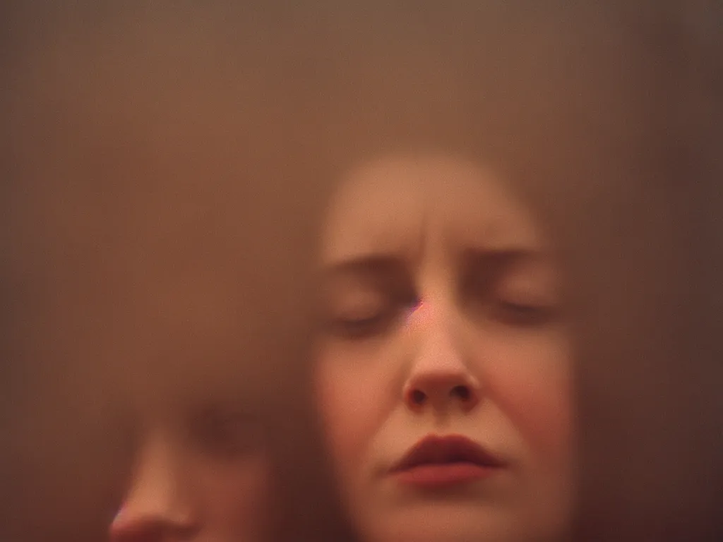 Image similar to close up portrait bust of woman, tired expression, faded color film, russian cinema, tarkovsky, technicolor, heavy forest, wood cabin in distance, shallow depth of field, long brown hair, old clothing, heavy fog, atmospheric haze, brown color palette, sunset, low light, hudson river school, 4 k, dramatic lighting