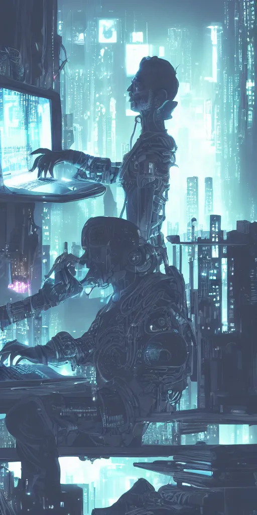 Image similar to concept art, cyberpunk alchemist tapping computer keyboard, backlight, mystery, omnipotent, high detail, 8 k.