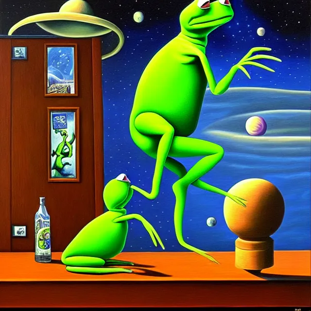 Prompt: an oil on canvas portrait painting of kermit, surrealism, surrealist, cosmic horror, rob gonsalves, high detail