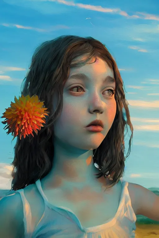 Prompt: closeup girl with huge dahlia flower face, on the beach, surreal photography, blue sky, sunrise, dramatic light, impressionist painting, digital painting, artstation, simon stalenhag