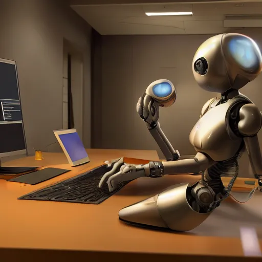Prompt: a female metalic robot painting a picture of a website designer sat at a computer desk, 4k, unreal 5
