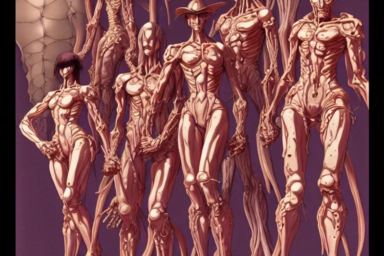 Image similar to cel shaded study of a group of flesh golems, key visual with intricate linework, in the stlye of moebius, ayami kojima, 90's anime, retro fantasy