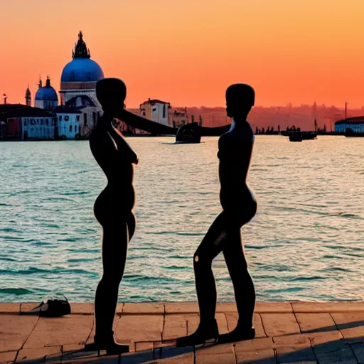 Image similar to two humanoid robots who faill in love in venice, sunset golden hour