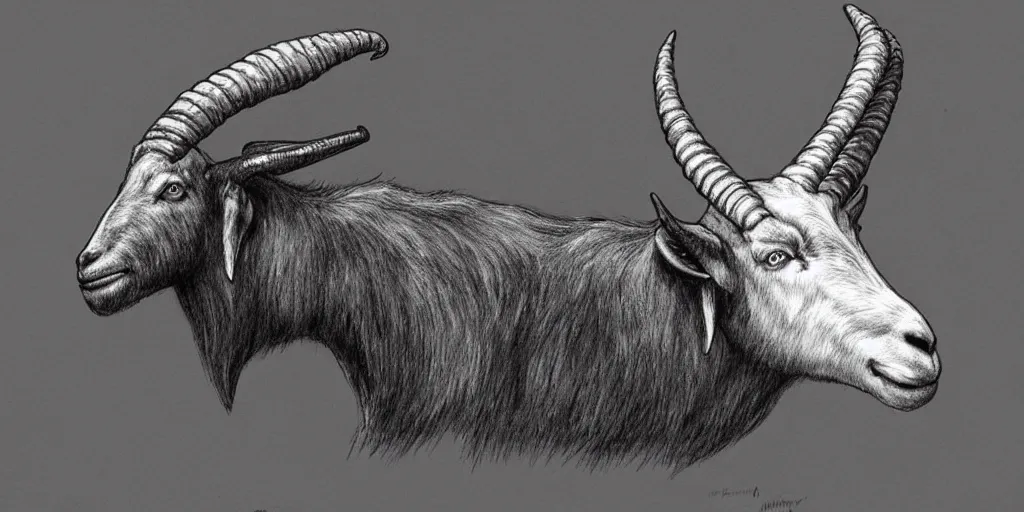 Image similar to full body shot of a large goat with the horns shaped like an axe head, pencil drawing, illustration, black and white, artstation