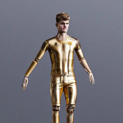 Image similar to a realistic detailed photo of a guy who is an attractive humanoid who is half robot and half humanoid, who is a male android, soccer players timo werner, shiny skin, posing like a statue, blank stare, in a factory, on display, showing off his muscles, gold soccer shorts, side view