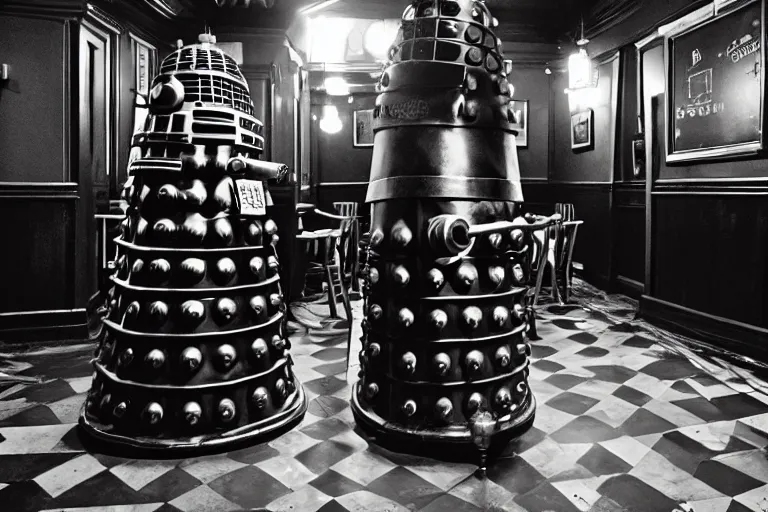 Prompt: photograph of a dalek in a traditional london pub, highly detailed, dramatic lighting, intense shadows, rich deep colours