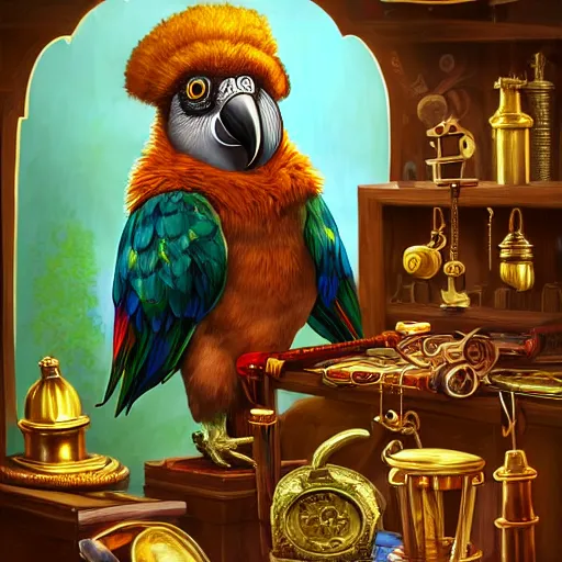 Image similar to Anthropomorphized parrot trader in his shop, selling his wares, portrait, items, gold, magic potions, carpet, window, sly expression , cunning expression, cute expression, long thick shiny black beak, presenting wares, holding a gold bag, D&D, fantasy, cinematic lighting, highly detailed, digital painting, artstation, concept art, smooth, sharp focus, illustration, warm light, cozy warm tint, magic the gathering artwork, volumetric lighting, 8k, art by Akihiko Yoshida, Greg Rutkowski