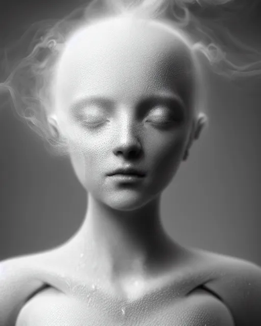 Image similar to delicate, dreamy, feminine, subsurface scattering, white, young beautiful bio - mechanical cyborg in cosmos long white hair floating in air, fluid smoke art, black and white, octane render, dino valls, mark ryden, joe fenton, michal karcz, highly detailed, rim light, art, cinematic lighting, very coherent, hyper realism, 8 k