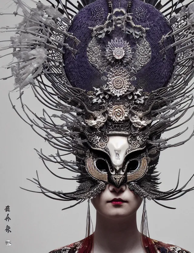 Image similar to goddess macro close - up portrait wigh crown made of ram skull. beautiful intricately detailed japanese crow kitsune mask and clasical japanese kimono. betta fish, jellyfish phoenix, bioluminiscent, plasma, ice, water, wind, creature, super intricate ornaments artwork by tooth wu and wlop and beeple and greg rutkowski