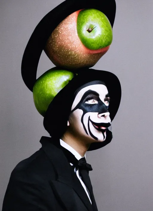 Image similar to a fashion portrait photograph of a man in a black suit wearing a black bowler hat with face painted as a green apple, 3 5 mm, color film camera,