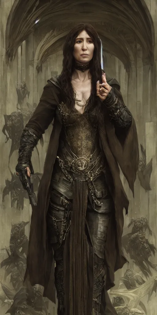 Image similar to sibel kekilli, thief, underworld boss, tattoos, crime, dungeons and dragons, fame of thrones masterpiece by edgar maxence and ross tran and michael whelan, gustav dore, 8 k, octane render