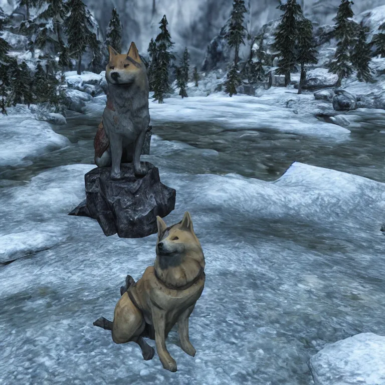 Prompt: a grey and rough hewn shiba inu statue placed beside a frozen stream, skyrim pc screenshot