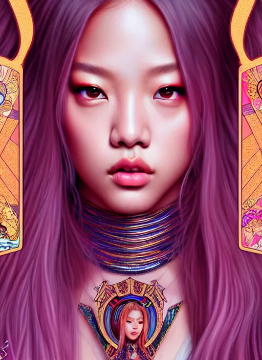 Image similar to jennie of blackpink, queen, tarot card, highly detailed, digital painting, smooth, sharp focus, illustration, ultra realistic, unreal engine, 8 k, art by artgerm and alphonse mucha