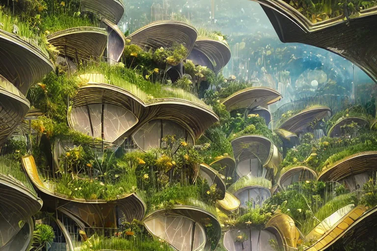 Prompt: futuristic foliage overgrowing favela honeybee hive, art nouveau environment, award winning art, epic dreamlike fantasy landscape, ultra realistic,