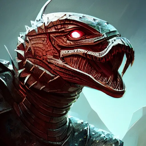 Image similar to portrait of an antropomorphic raptor knight, reptile face, wearing chainmail armor, angry look, ready for battle, mattepainting concept blizzard pixar maya engine on cold night stylized background splash comics global illumination lighting artstation lois van baarle, ilya kuvshinov, rossdraws